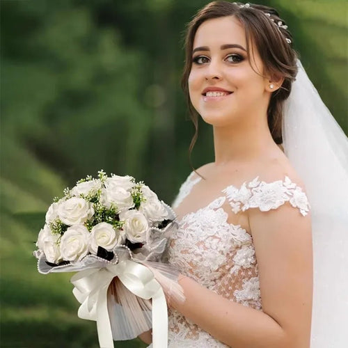 Cascading Bridal Bouquet with Pearl-Trimmed Bow - Luzilly Bridal & Apparel