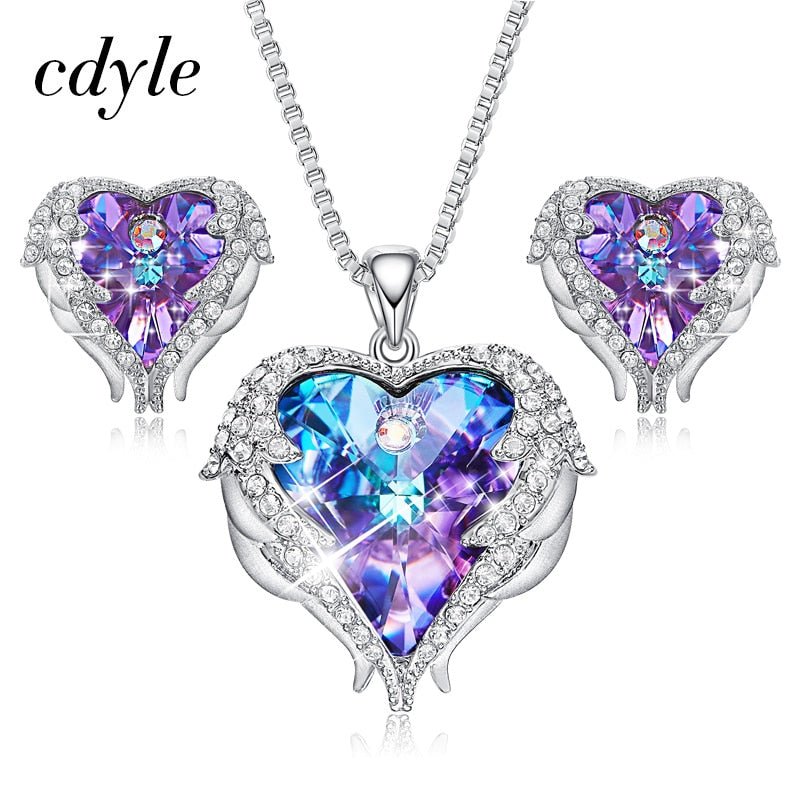 Cdyle Crystals from Swarovski Angel Wings Necklaces Earrings Purple Blue Crystal Heart Pendant Jewelry Set For Women Love Gifts - Luzilly Bridal & Apparel