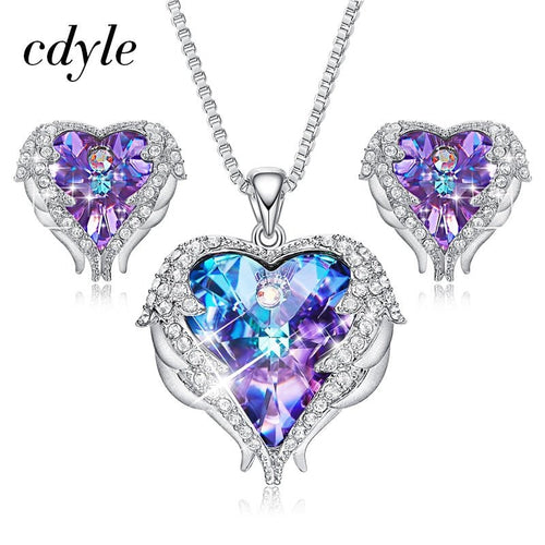 Cdyle Crystals from Swarovski Angel Wings Necklaces Earrings Purple Blue Crystal Heart Pendant Jewelry Set For Women Love Gifts - Luzilly Bridal & Apparel