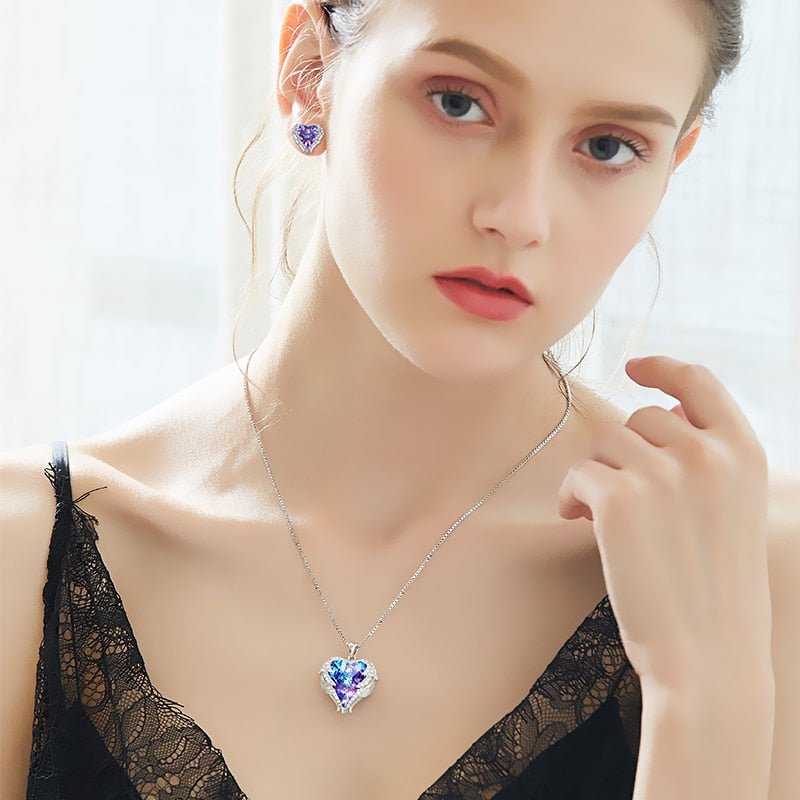 Cdyle Crystals from Swarovski Angel Wings Necklaces Earrings Purple Blue Crystal Heart Pendant Jewelry Set For Women Love Gifts - Luzilly Bridal & Apparel