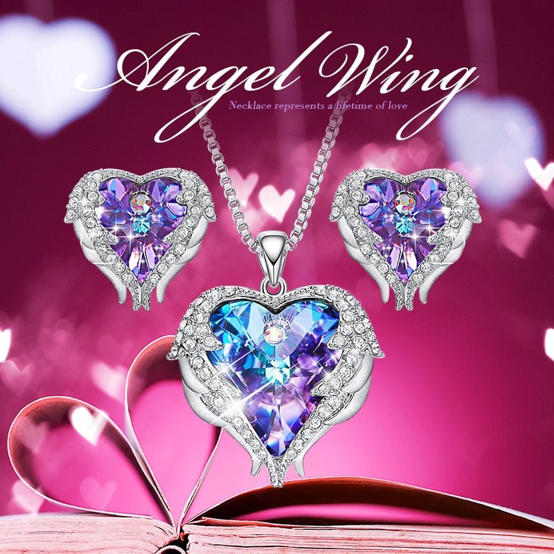 Cdyle Crystals from Swarovski Angel Wings Necklaces Earrings Purple Blue Crystal Heart Pendant Jewelry Set For Women Love Gifts - Luzilly Bridal & Apparel