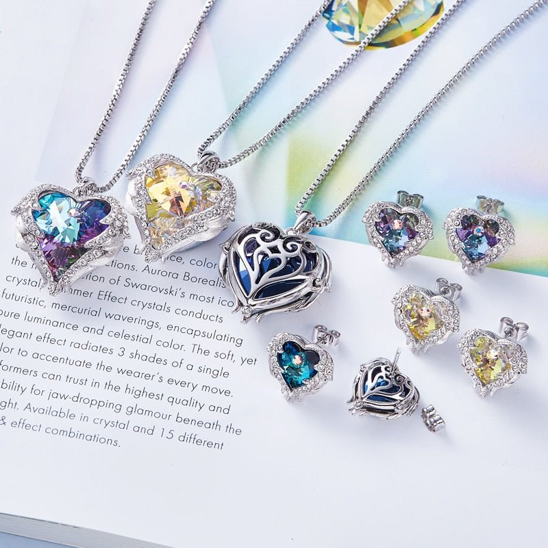Cdyle Crystals from Swarovski Angel Wings Necklaces Earrings Purple Blue Crystal Heart Pendant Jewelry Set For Women Love Gifts - Luzilly Bridal & Apparel