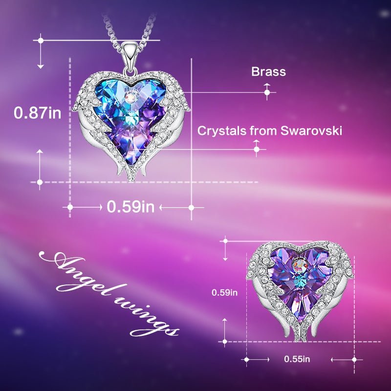 Cdyle Crystals from Swarovski Angel Wings Necklaces Earrings Purple Blue Crystal Heart Pendant Jewelry Set For Women Love Gifts - Luzilly Bridal & Apparel