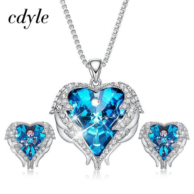 Cdyle Crystals from Swarovski Angel Wings Necklaces Earrings Purple Blue Crystal Heart Pendant Jewelry Set For Women Love Gifts - Luzilly Bridal & Apparel