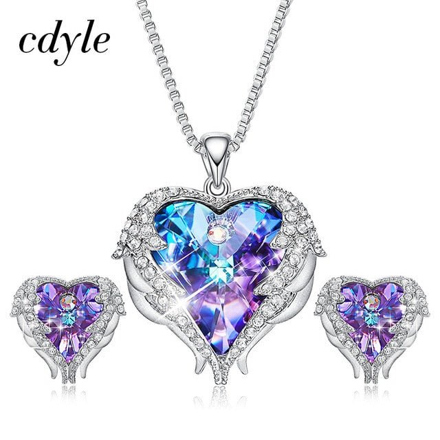 Cdyle Crystals from Swarovski Angel Wings Necklaces Earrings Purple Blue Crystal Heart Pendant Jewelry Set For Women Love Gifts - Luzilly Bridal & Apparel