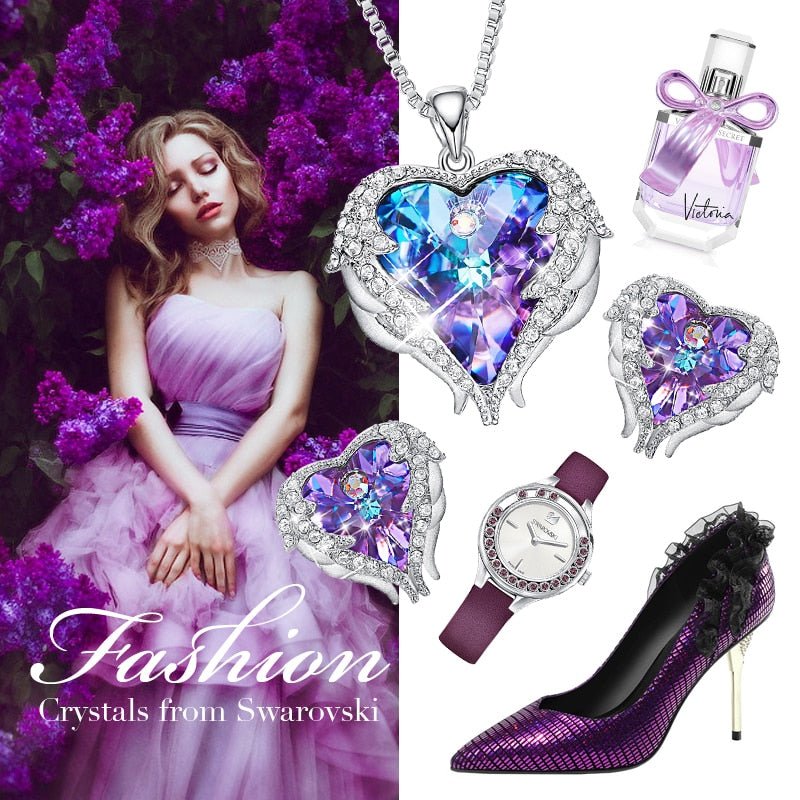 Cdyle Crystals from Swarovski Angel Wings Necklaces Earrings Purple Blue Crystal Heart Pendant Jewelry Set For Women Love Gifts - Luzilly Bridal & Apparel