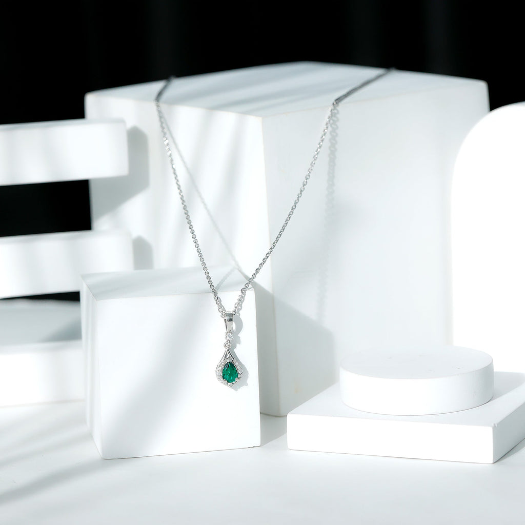 Certified 0.7 Carat Lab Grown Emerald Wedding Necklace with Chain - Luzilly Bridal & Apparel