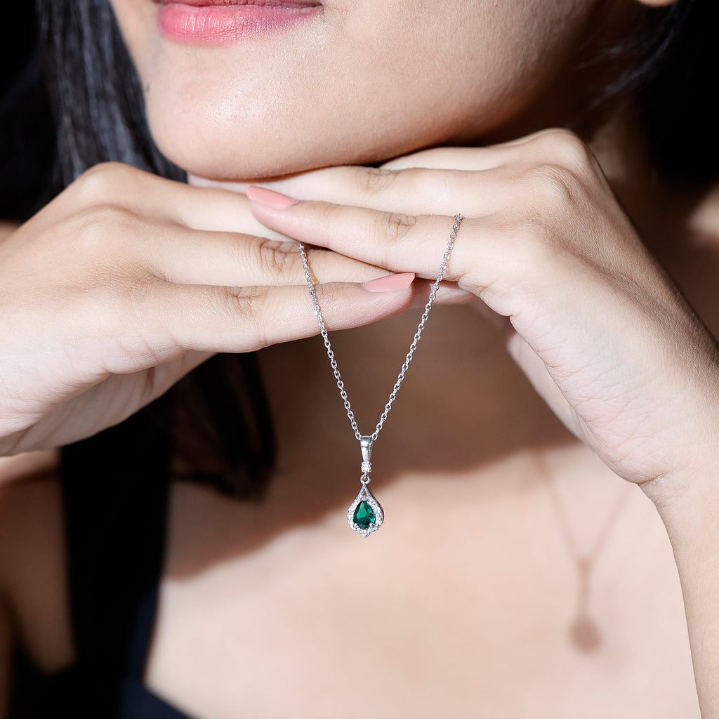 Certified 0.7 Carat Lab Grown Emerald Wedding Necklace with Chain - Luzilly Bridal & Apparel