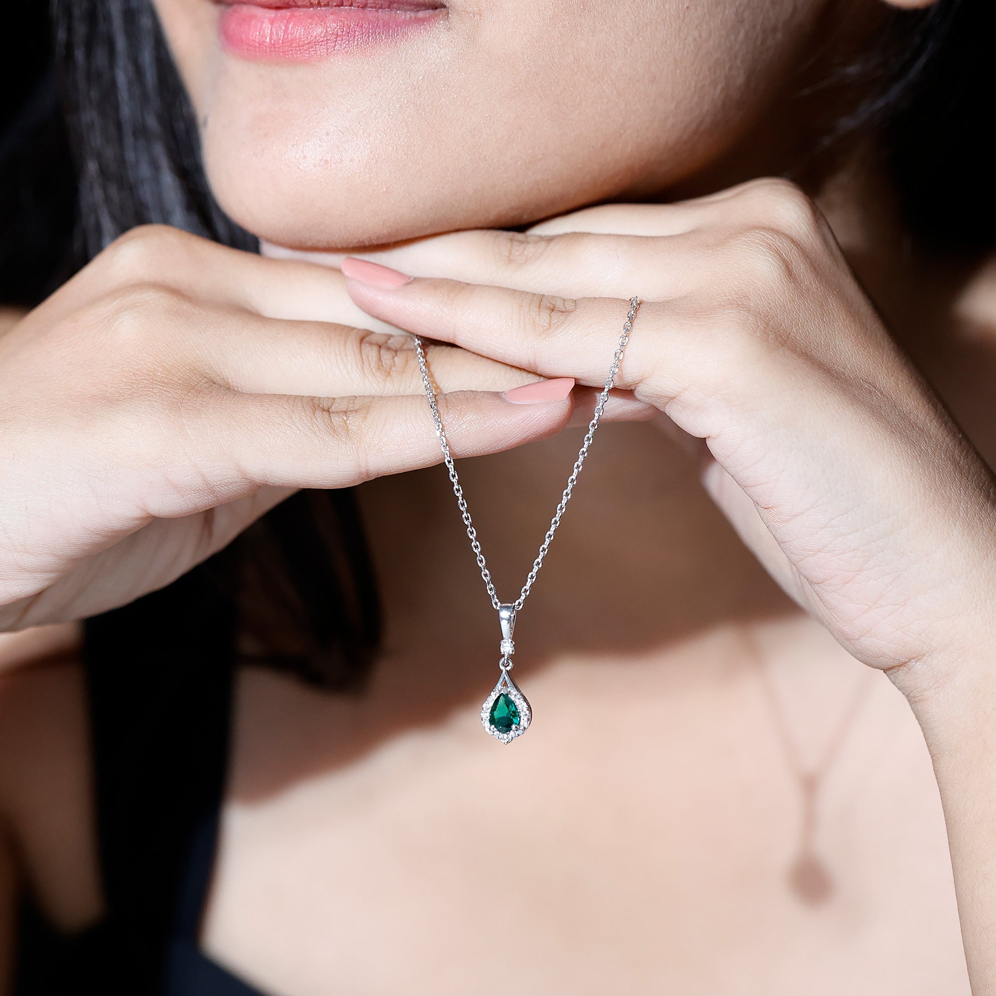 Certified 0.7 Carat Lab Grown Emerald Wedding Necklace with Chain - Luzilly Bridal & Apparel