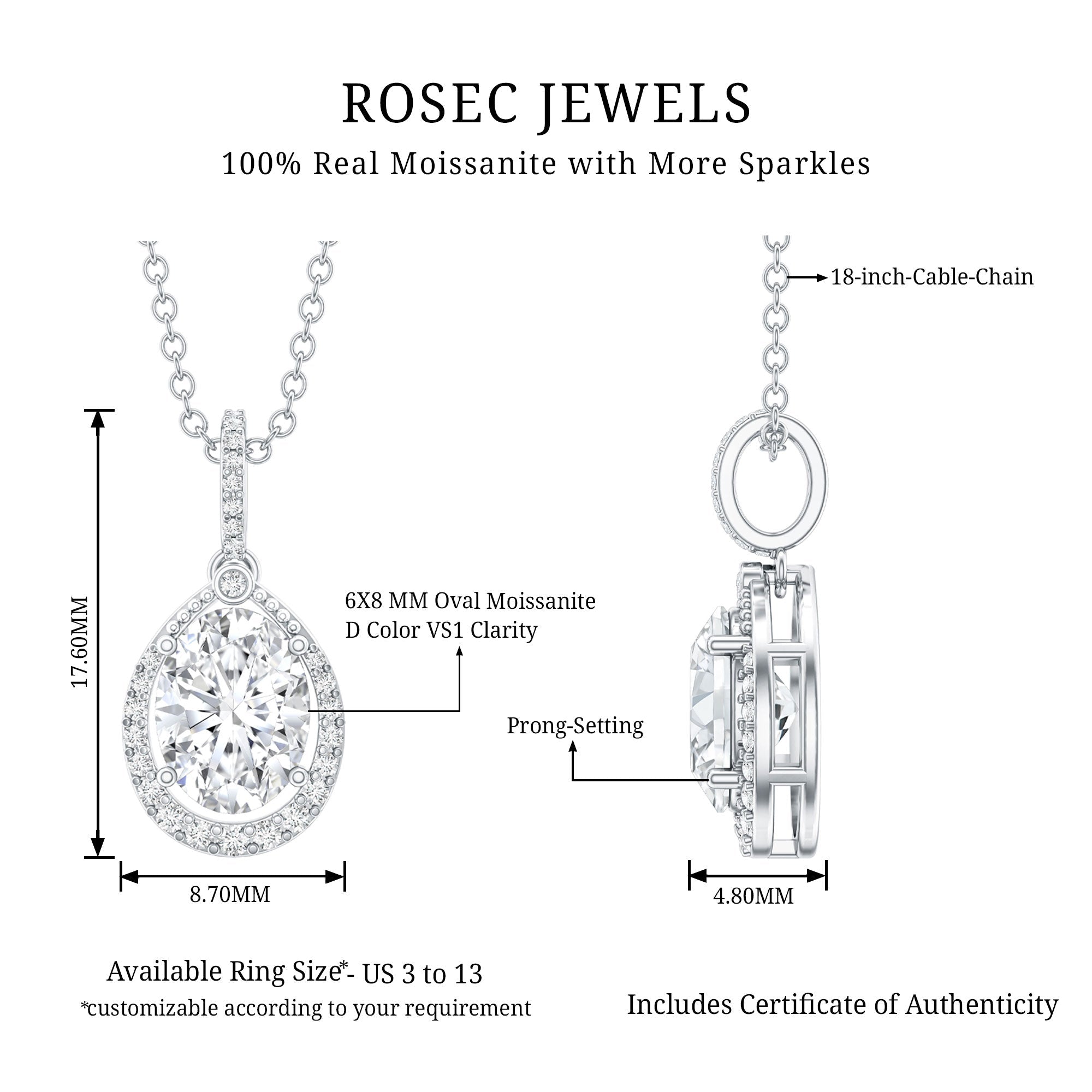 Certified 1.2 Carat Oval Moissanite Bridal Necklace For Wedding in Silver - Luzilly Bridal & Apparel