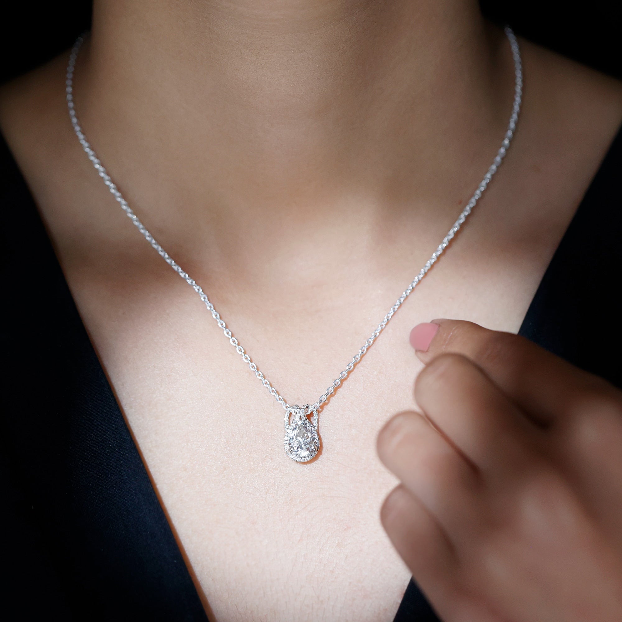 Certified 1.4 Carat Moissanite Teardrop Wedding Necklace with Silver Chain - Luzilly Bridal & Apparel