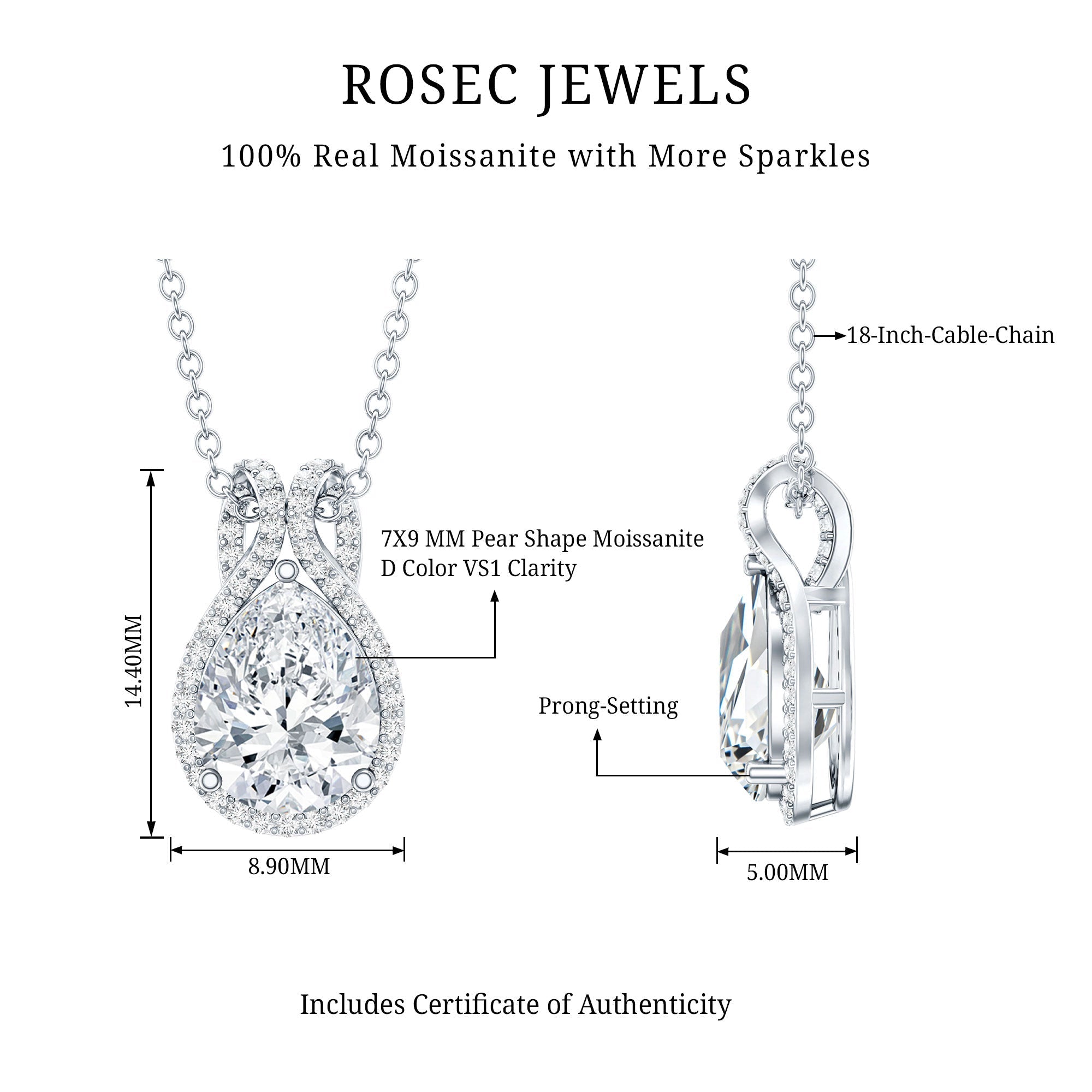 Certified 1.4 Carat Moissanite Teardrop Wedding Necklace with Silver Chain - Luzilly Bridal & Apparel