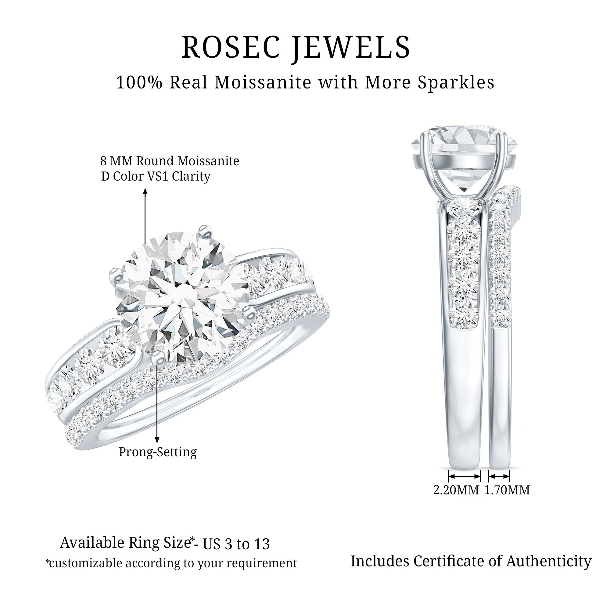 Certified 2 Carat Moissanite Engagement Ring with Wedding Band - Luzilly Bridal & Apparel