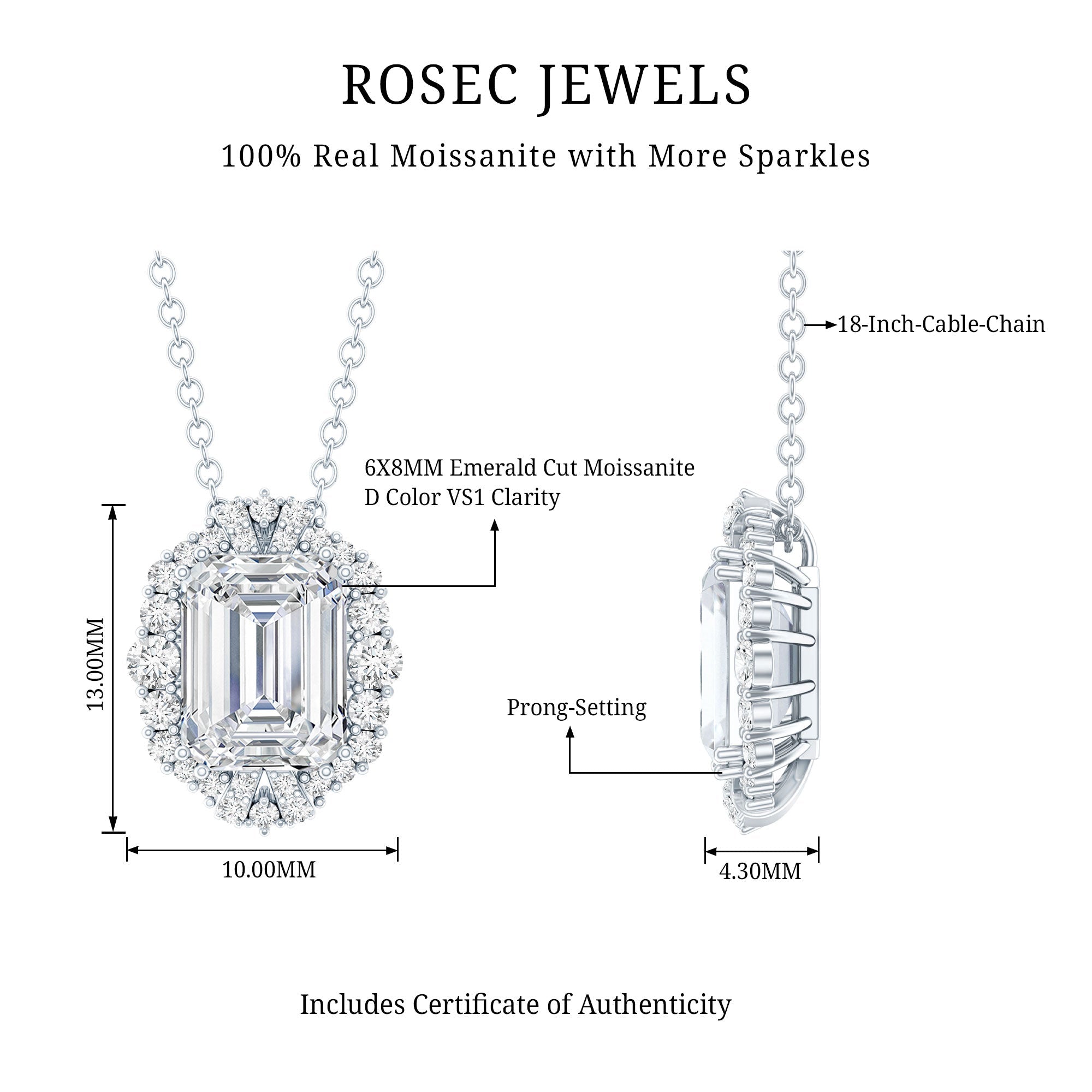 Certified 2.8 Carat Emerald Cut Moissanite Wedding Necklace in Silver - Luzilly Bridal & Apparel