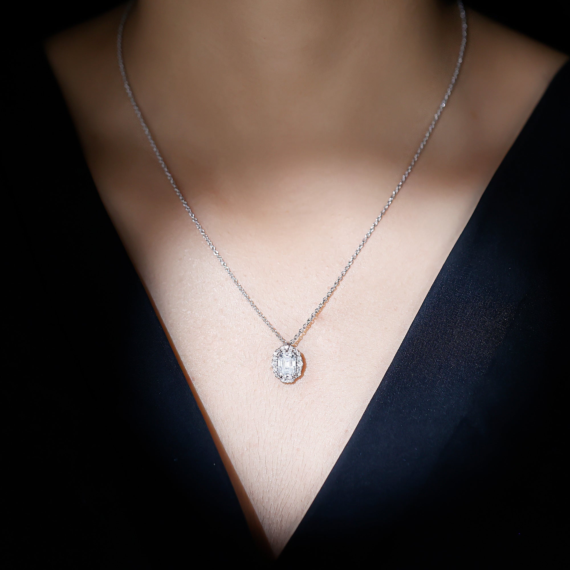 Certified 2.8 Carat Emerald Cut Moissanite Wedding Necklace in Silver - Luzilly Bridal & Apparel