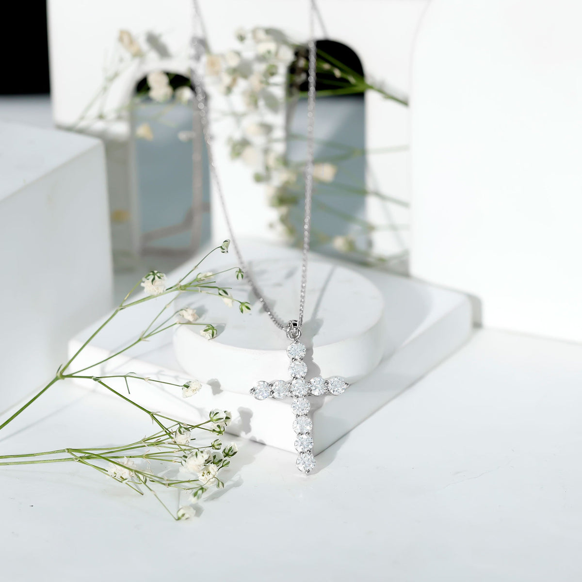 Certified Cubic Zirconia Christian Cross Necklace With Silver Chain - Luzilly Bridal & Apparel
