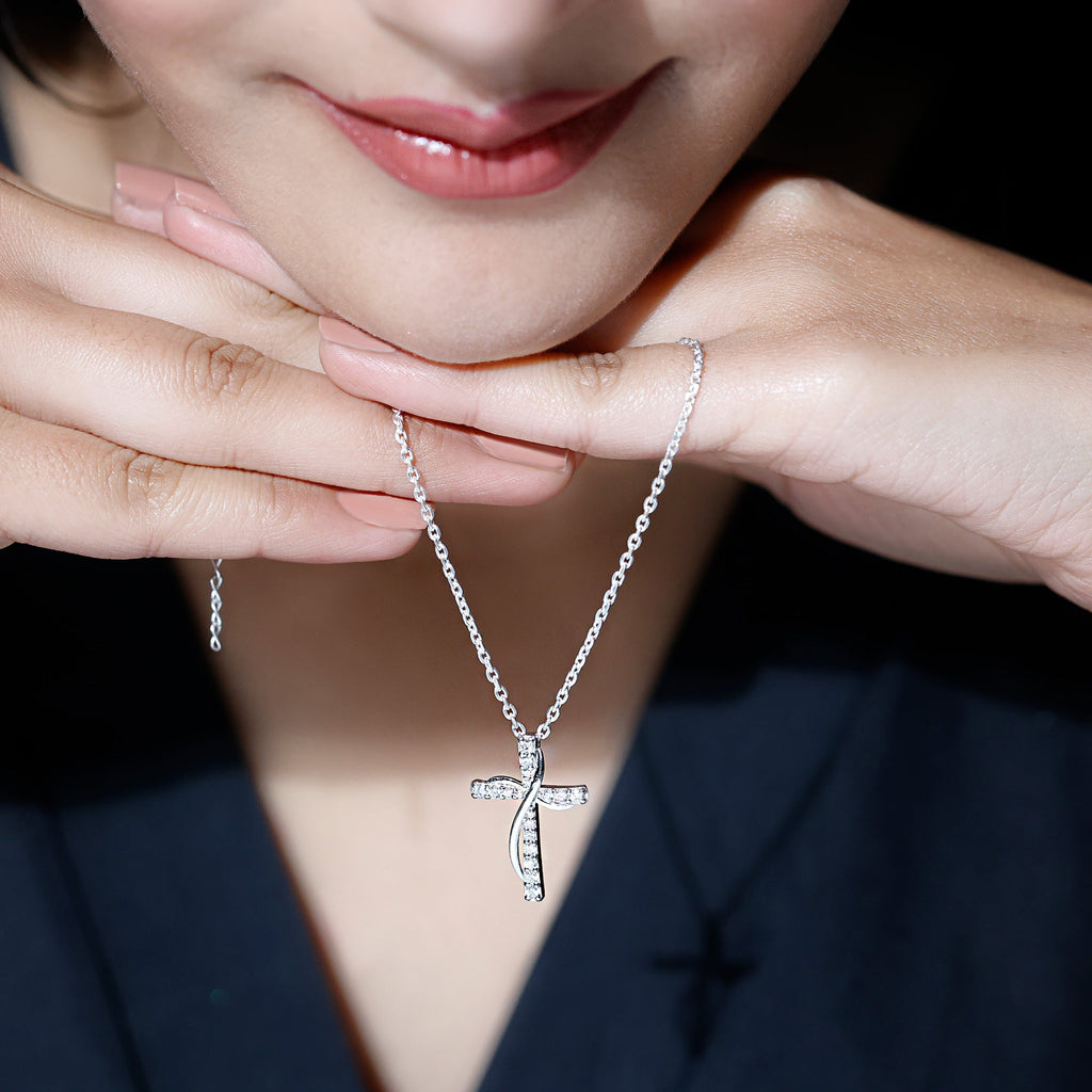 Certified Moissanite Designer Cross Pendant Necklace in Silver - Luzilly Bridal & Apparel