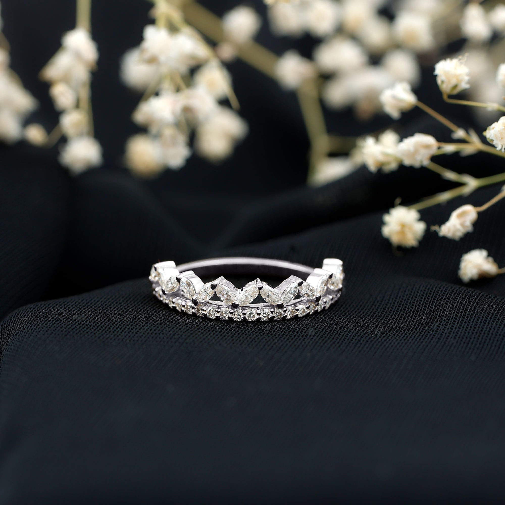 Certified Moissanite Half Eternity Wedding Band in Crown Style - Luzilly Bridal & Apparel