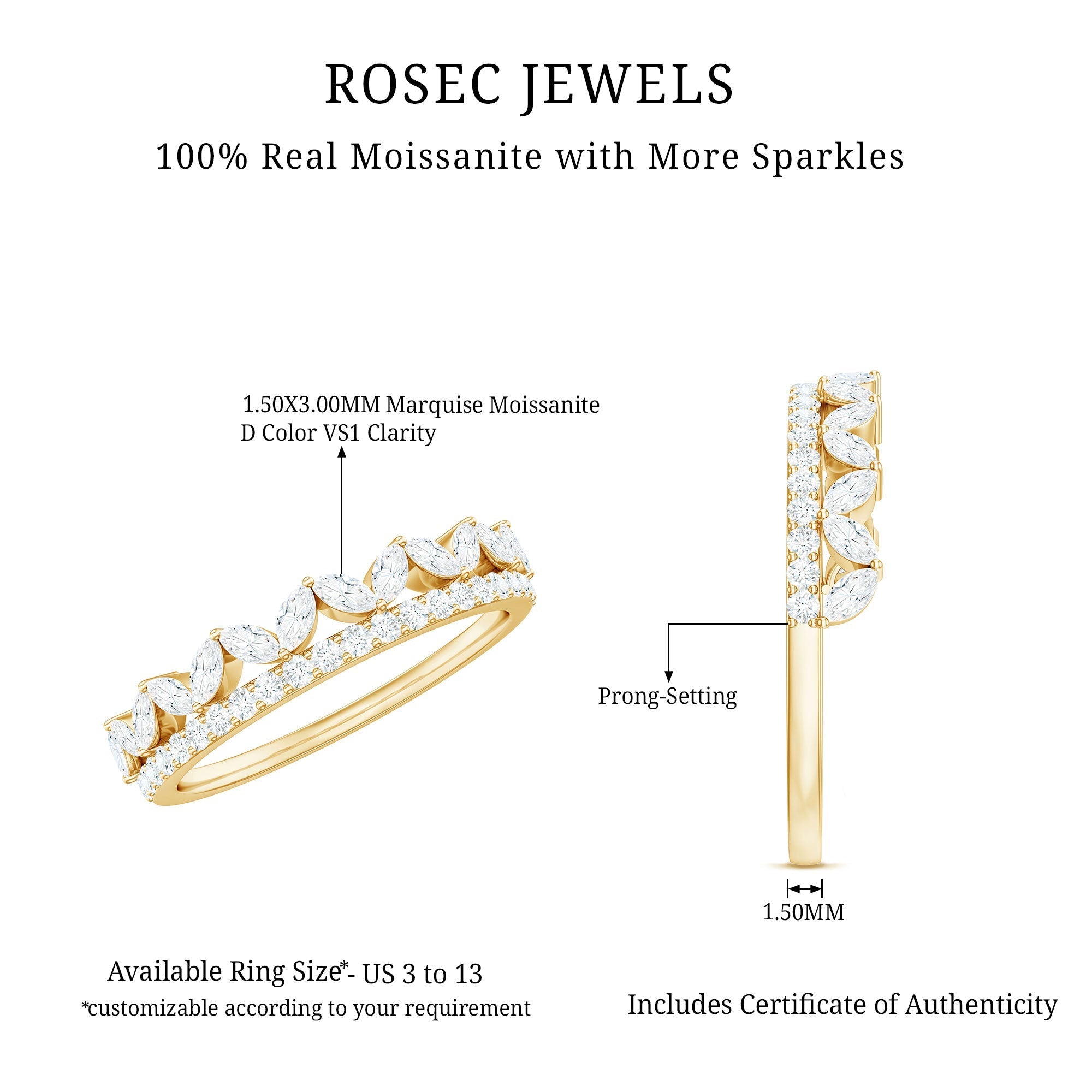 Certified Moissanite Half Eternity Wedding Band in Crown Style - Luzilly Bridal & Apparel