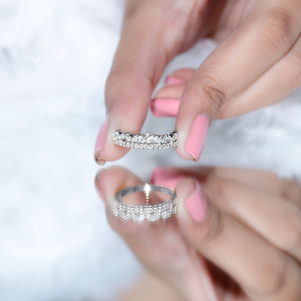 Certified Moissanite Half Eternity Wedding Band in Crown Style - Luzilly Bridal & Apparel