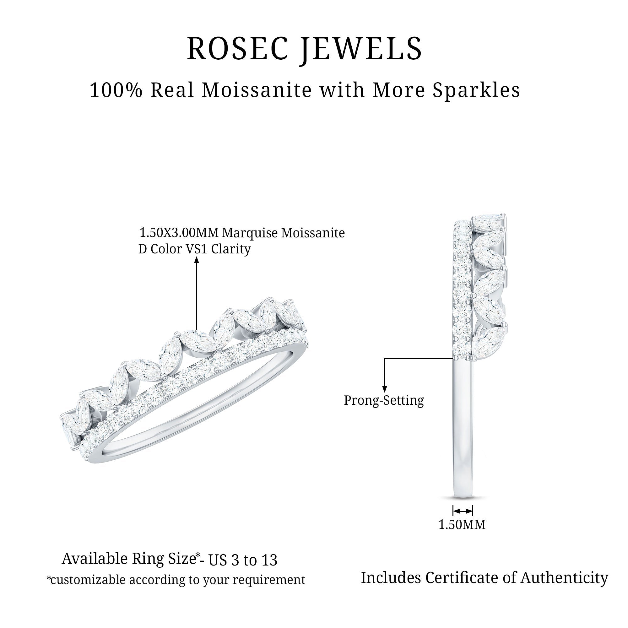 Certified Moissanite Half Eternity Wedding Band in Crown Style - Luzilly Bridal & Apparel