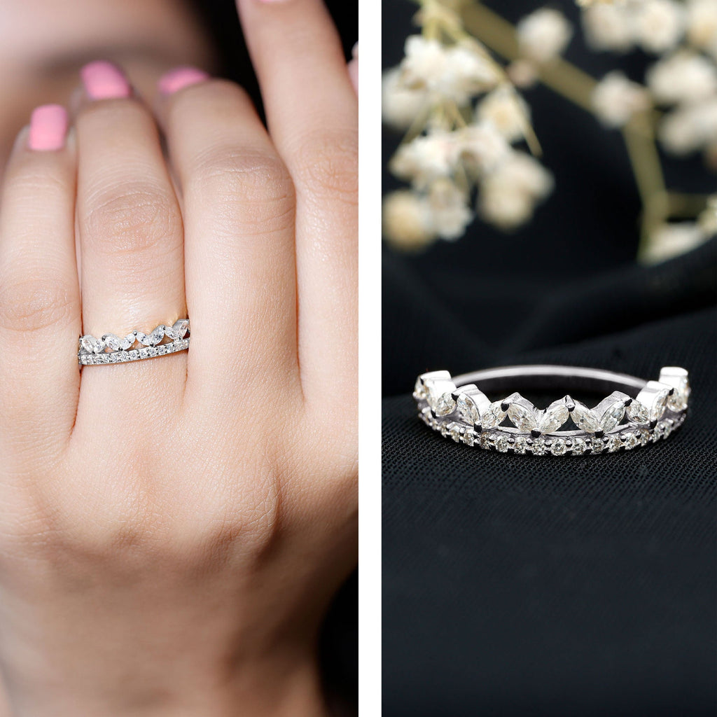 Certified Moissanite Half Eternity Wedding Band in Crown Style - Luzilly Bridal & Apparel