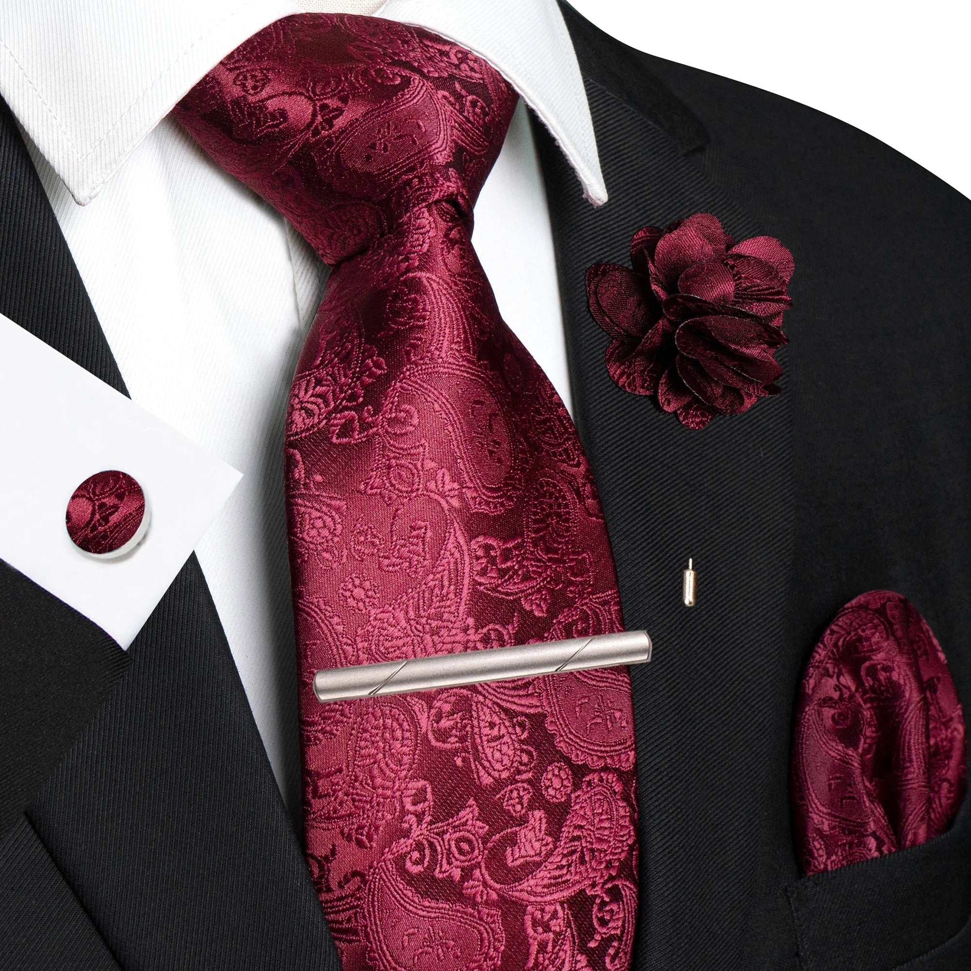 Champagne Floral Paisley Silk Elegant Tie For Men Groom Wedding Men Necktie Pocket Square Cufflink Brooch Tie Clip Accessory - Luzilly Bridal & Apparel