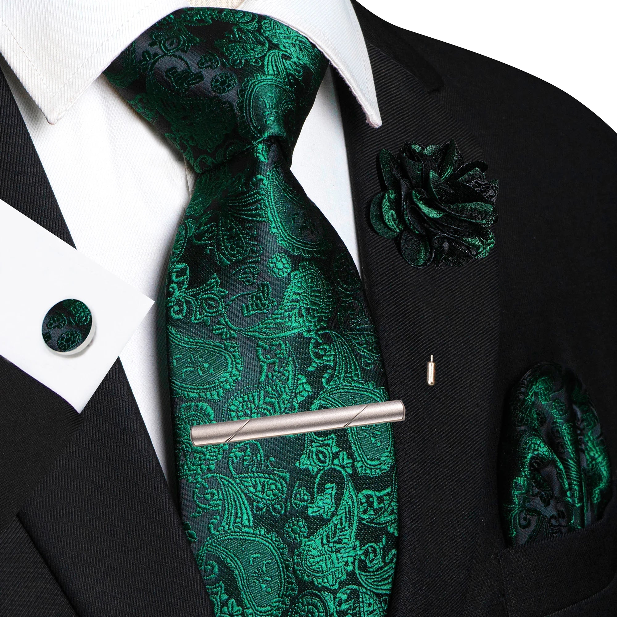 Champagne Floral Paisley Silk Elegant Tie For Men Groom Wedding Men Necktie Pocket Square Cufflink Brooch Tie Clip Accessory - Luzilly Bridal & Apparel