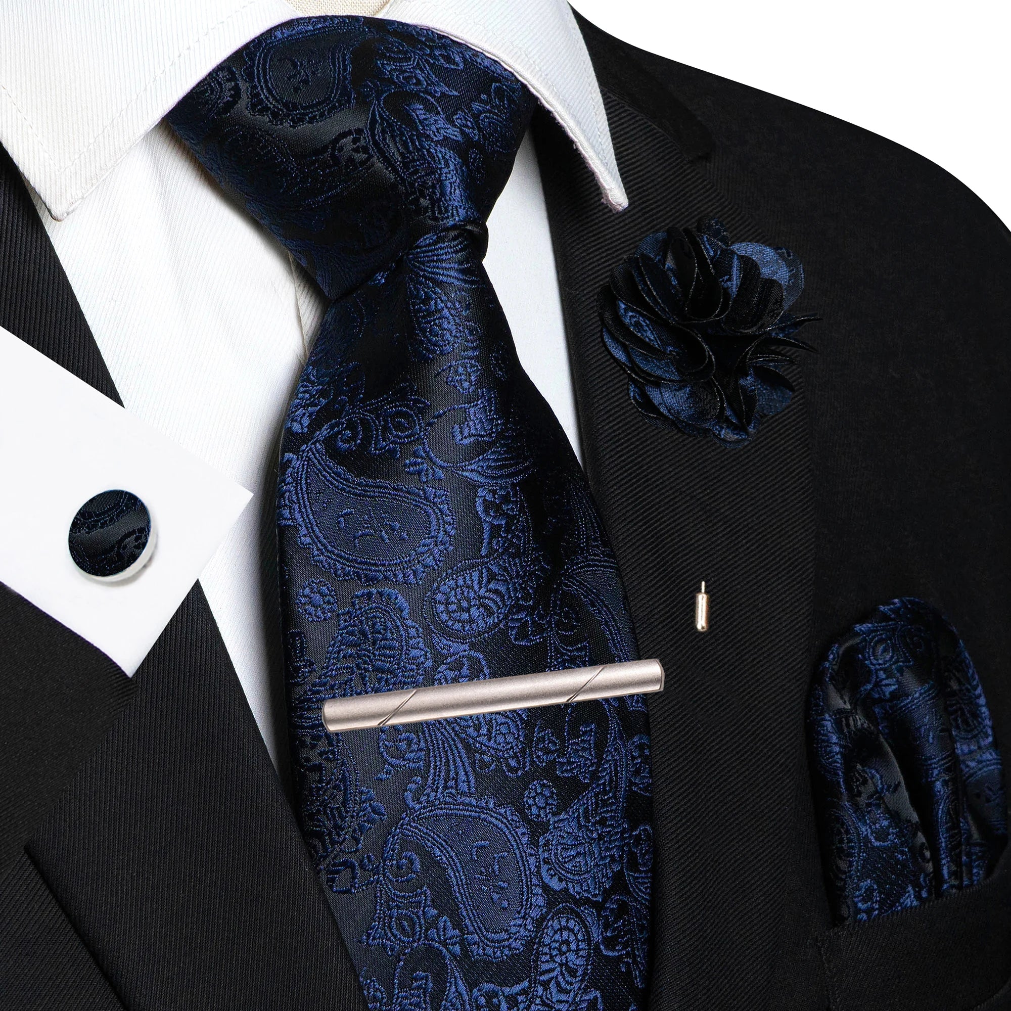 Champagne Floral Paisley Silk Elegant Tie For Men Groom Wedding Men Necktie Pocket Square Cufflink Brooch Tie Clip Accessory - Luzilly Bridal & Apparel