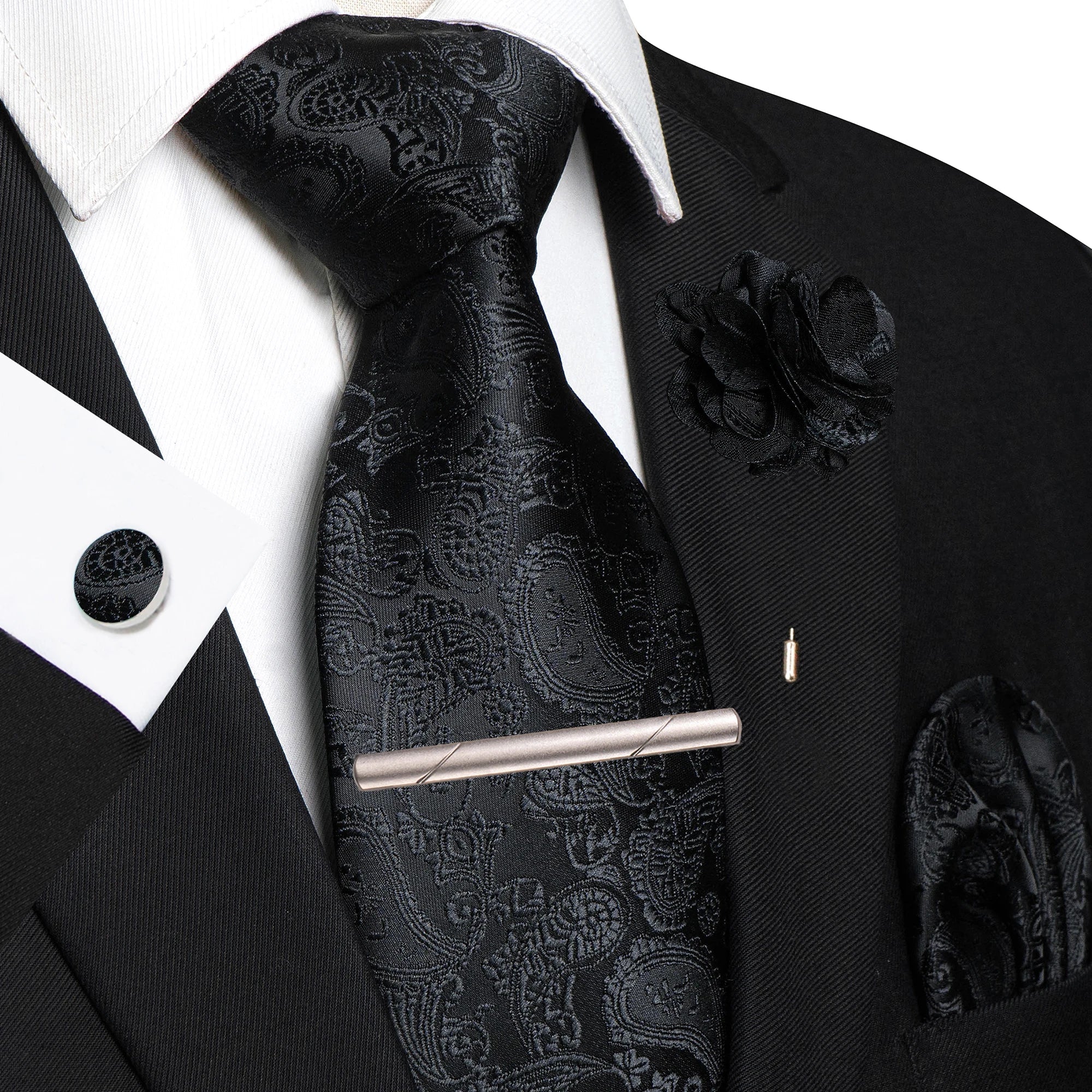 Champagne Floral Paisley Silk Elegant Tie For Men Groom Wedding Men Necktie Pocket Square Cufflink Brooch Tie Clip Accessory - Luzilly Bridal & Apparel