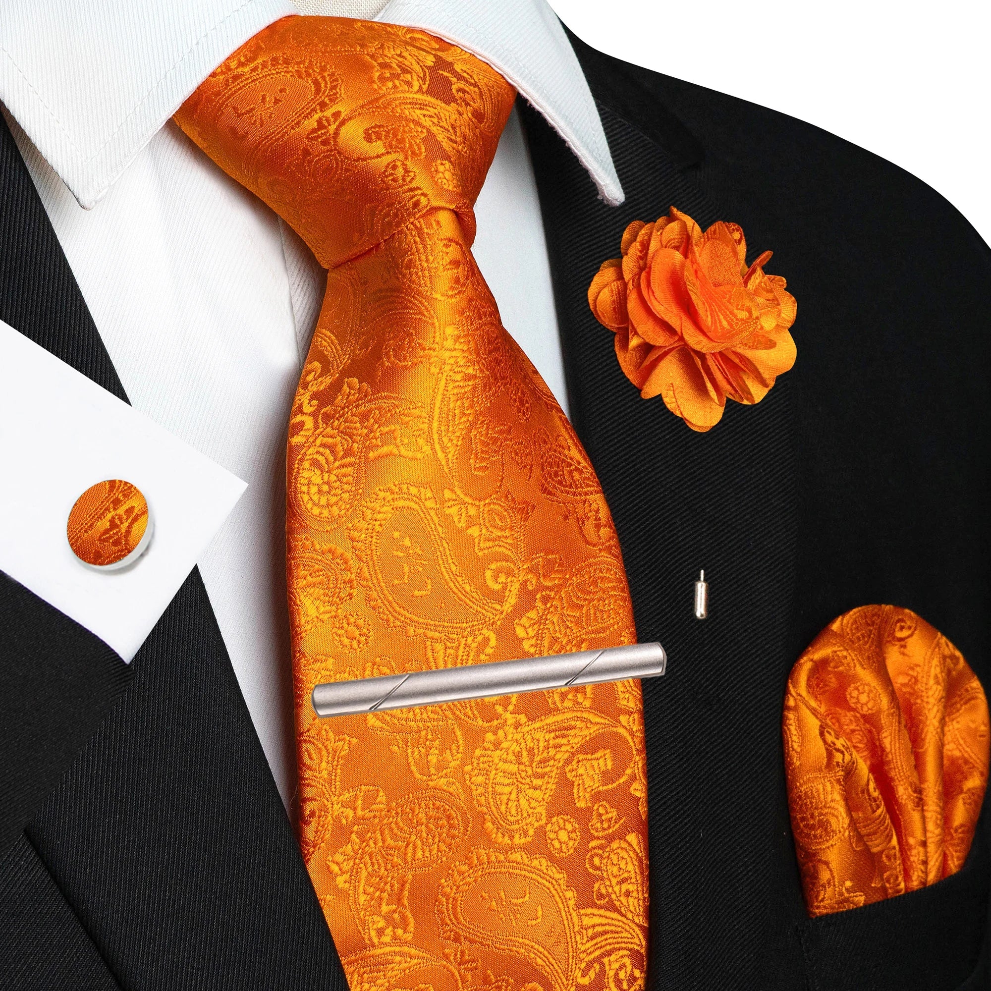 Champagne Floral Paisley Silk Elegant Tie For Men Groom Wedding Men Necktie Pocket Square Cufflink Brooch Tie Clip Accessory - Luzilly Bridal & Apparel