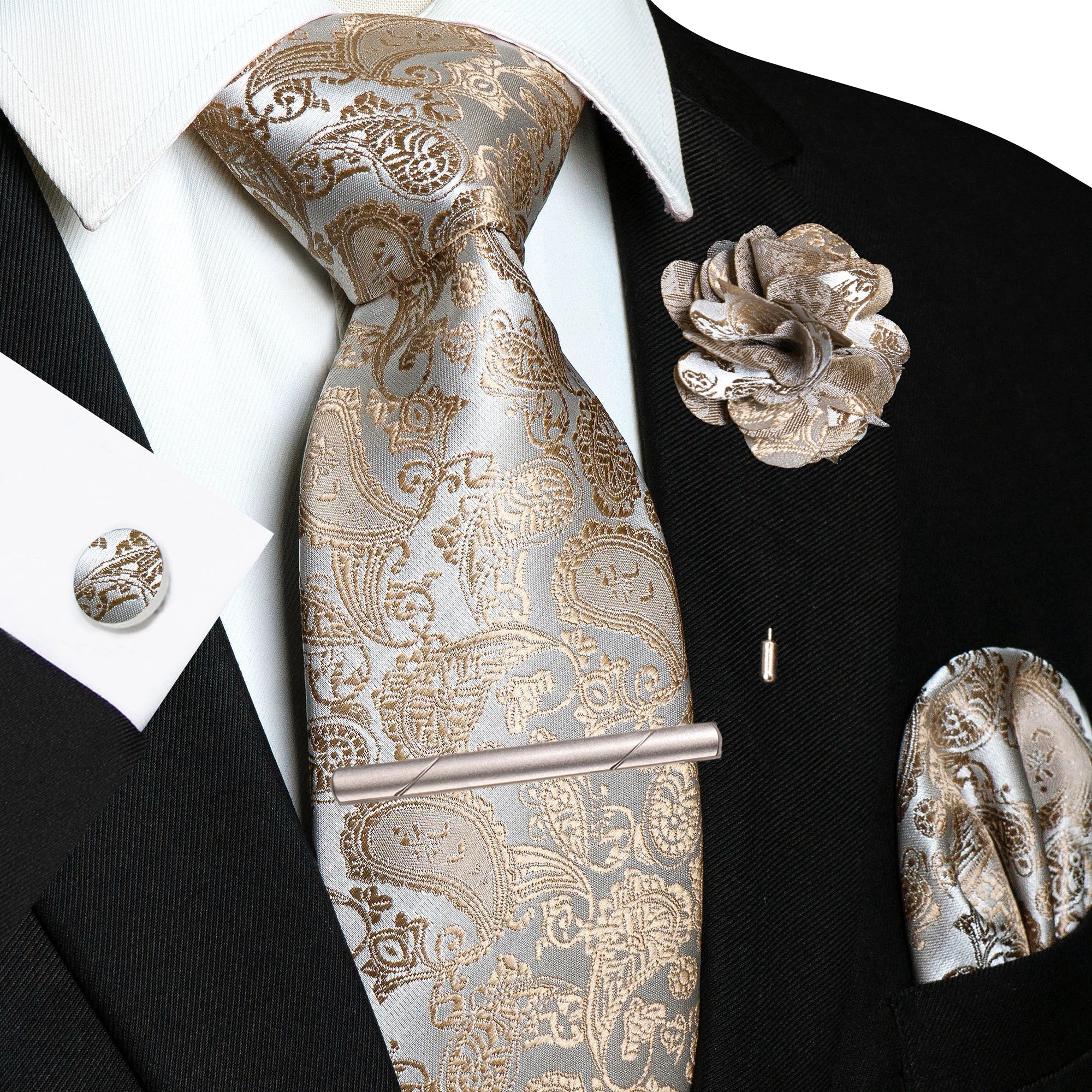 Champagne Floral Paisley Silk Elegant Tie For Men Groom Wedding Men Necktie Pocket Square Cufflink Brooch Tie Clip Accessory - Luzilly Bridal & Apparel
