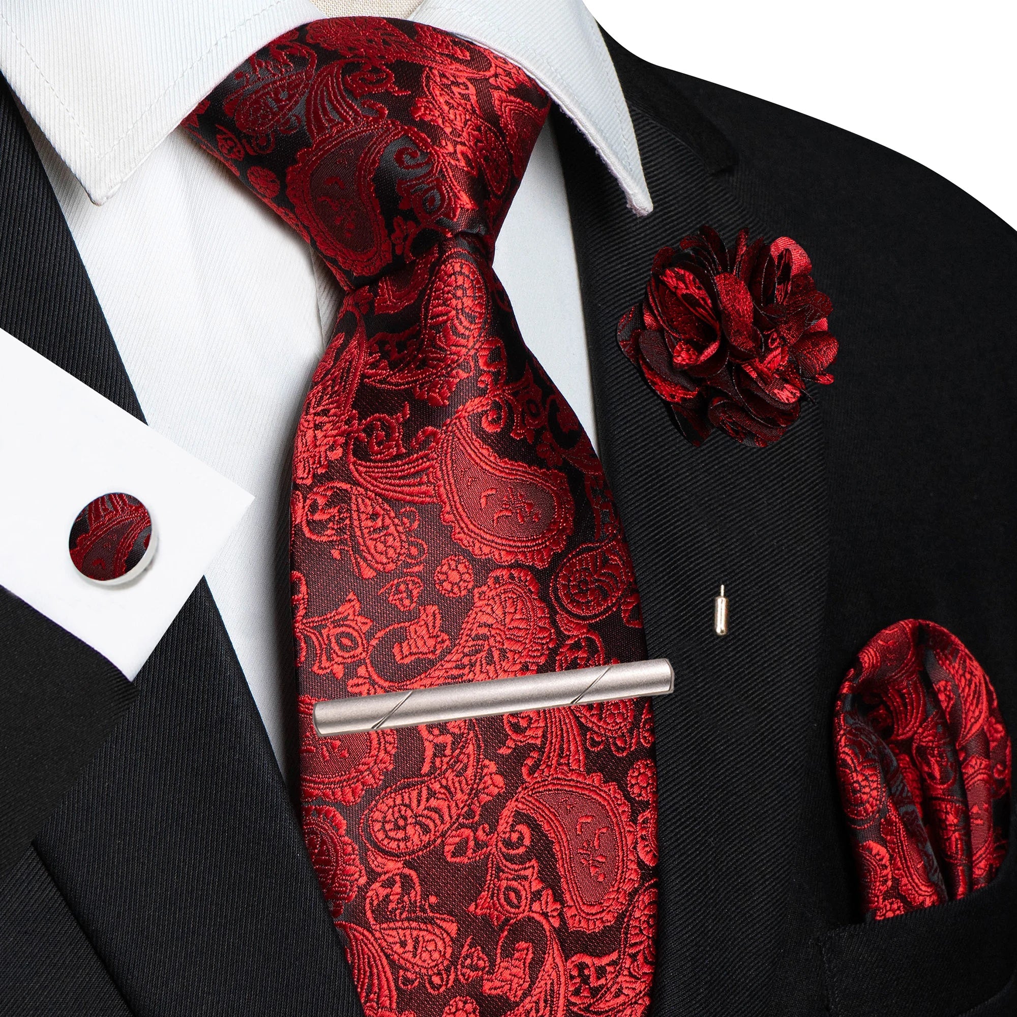 Champagne Floral Paisley Silk Elegant Tie For Men Groom Wedding Men Necktie Pocket Square Cufflink Brooch Tie Clip Accessory - Luzilly Bridal & Apparel