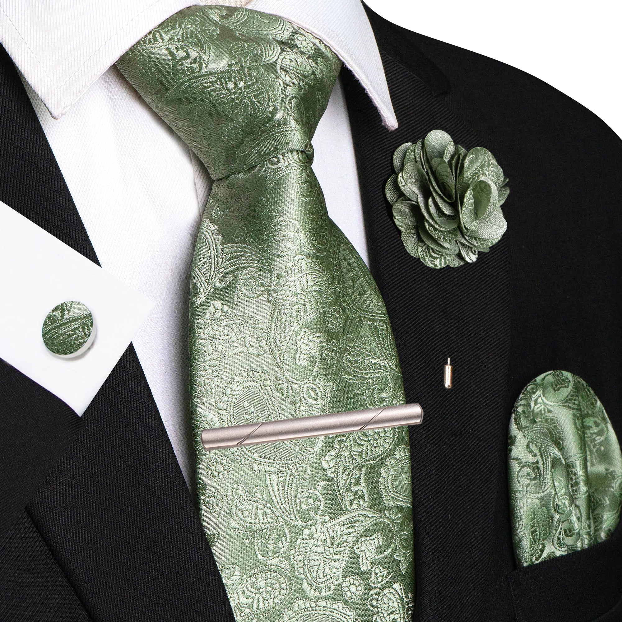 Champagne Floral Paisley Silk Elegant Tie For Men Groom Wedding Men Necktie Pocket Square Cufflink Brooch Tie Clip Accessory - Luzilly Bridal & Apparel