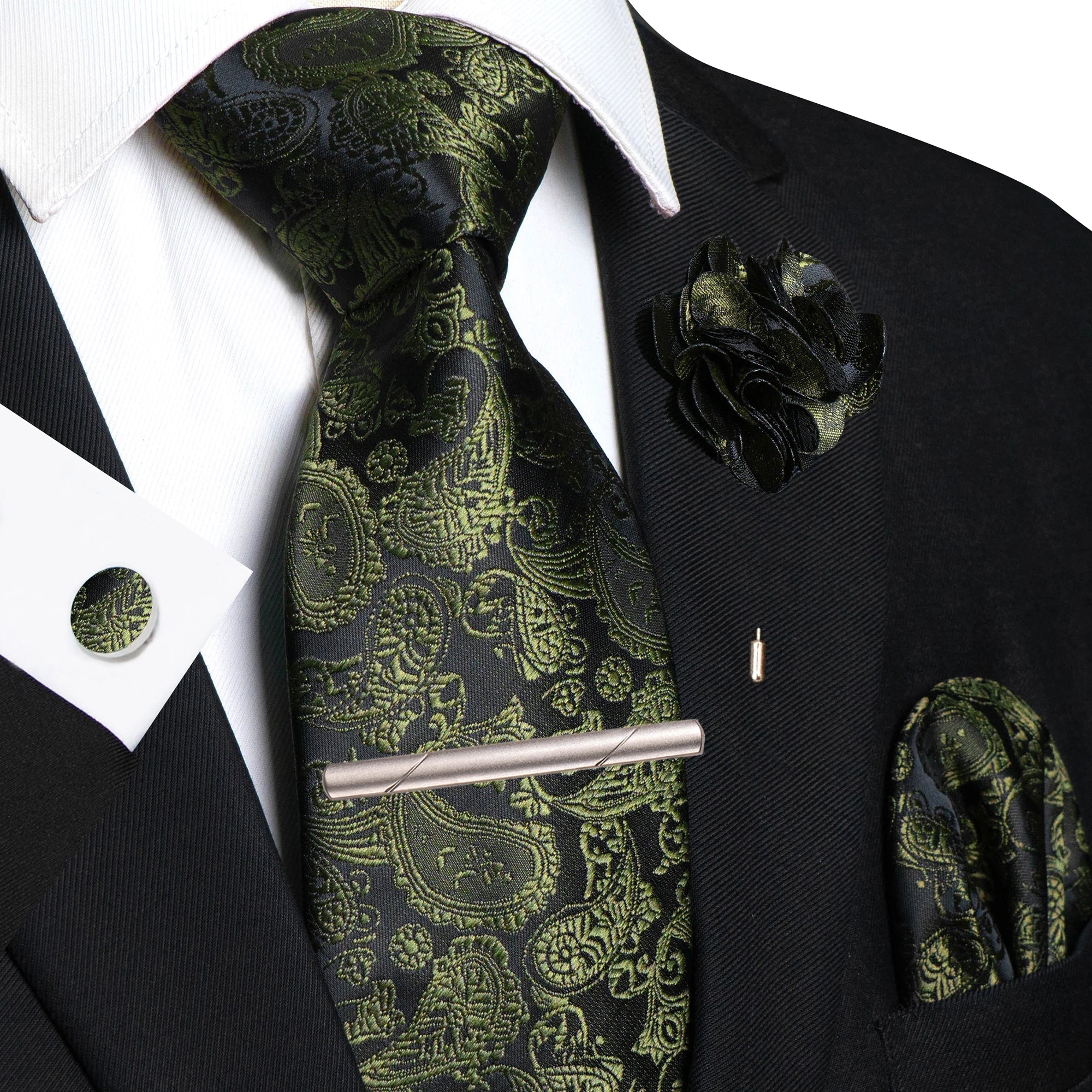 Champagne Floral Paisley Silk Elegant Tie For Men Groom Wedding Men Necktie Pocket Square Cufflink Brooch Tie Clip Accessory - Luzilly Bridal & Apparel
