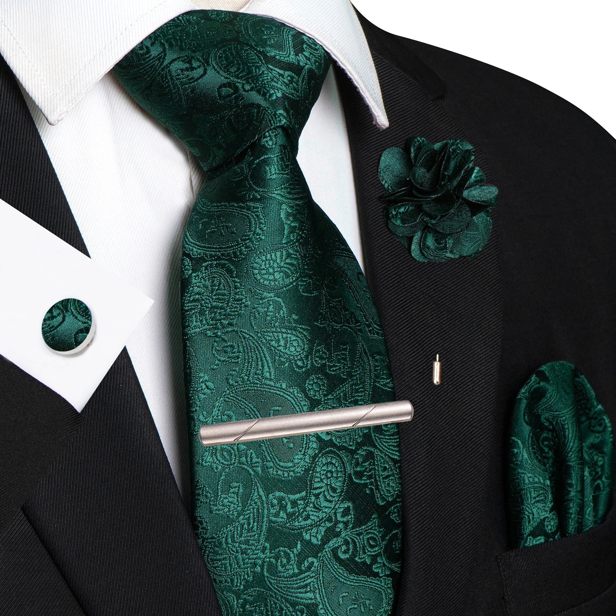 Champagne Floral Paisley Silk Elegant Tie For Men Groom Wedding Men Necktie Pocket Square Cufflink Brooch Tie Clip Accessory - Luzilly Bridal & Apparel