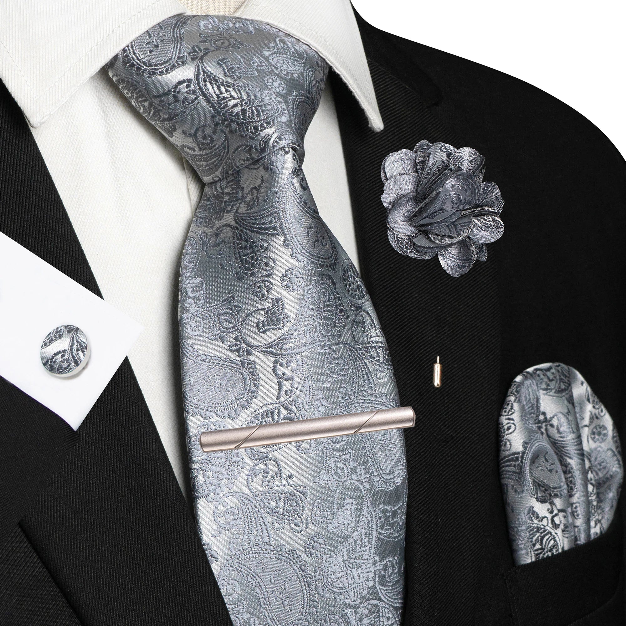 Champagne Floral Paisley Silk Elegant Tie For Men Groom Wedding Men Necktie Pocket Square Cufflink Brooch Tie Clip Accessory - Luzilly Bridal & Apparel