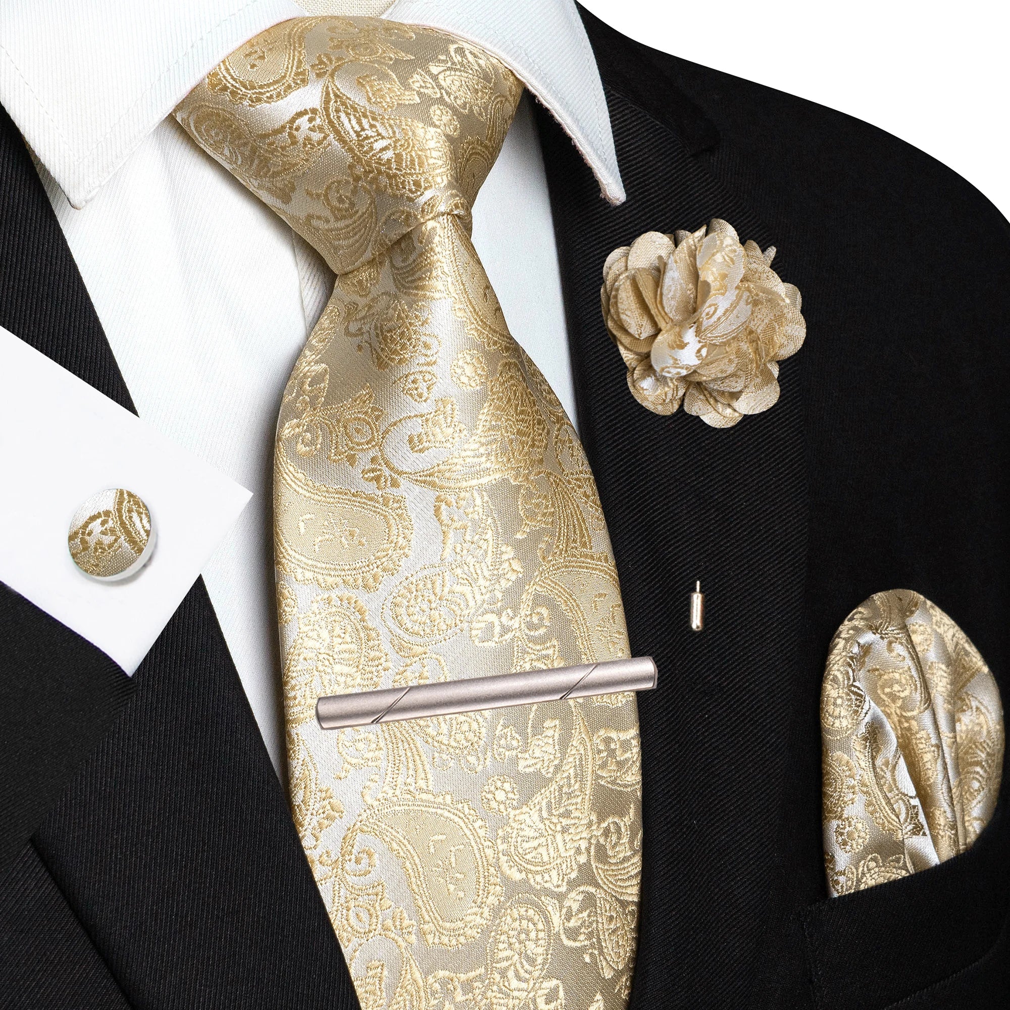 Champagne Floral Paisley Silk Elegant Tie For Men Groom Wedding Men Necktie Pocket Square Cufflink Brooch Tie Clip Accessory - Luzilly Bridal & Apparel