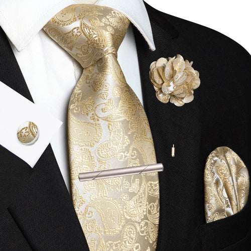 Champagne Floral Paisley Silk Elegant Tie For Men Groom Wedding Men Necktie Pocket Square Cufflink Brooch Tie Clip Accessory - Luzilly Bridal & Apparel