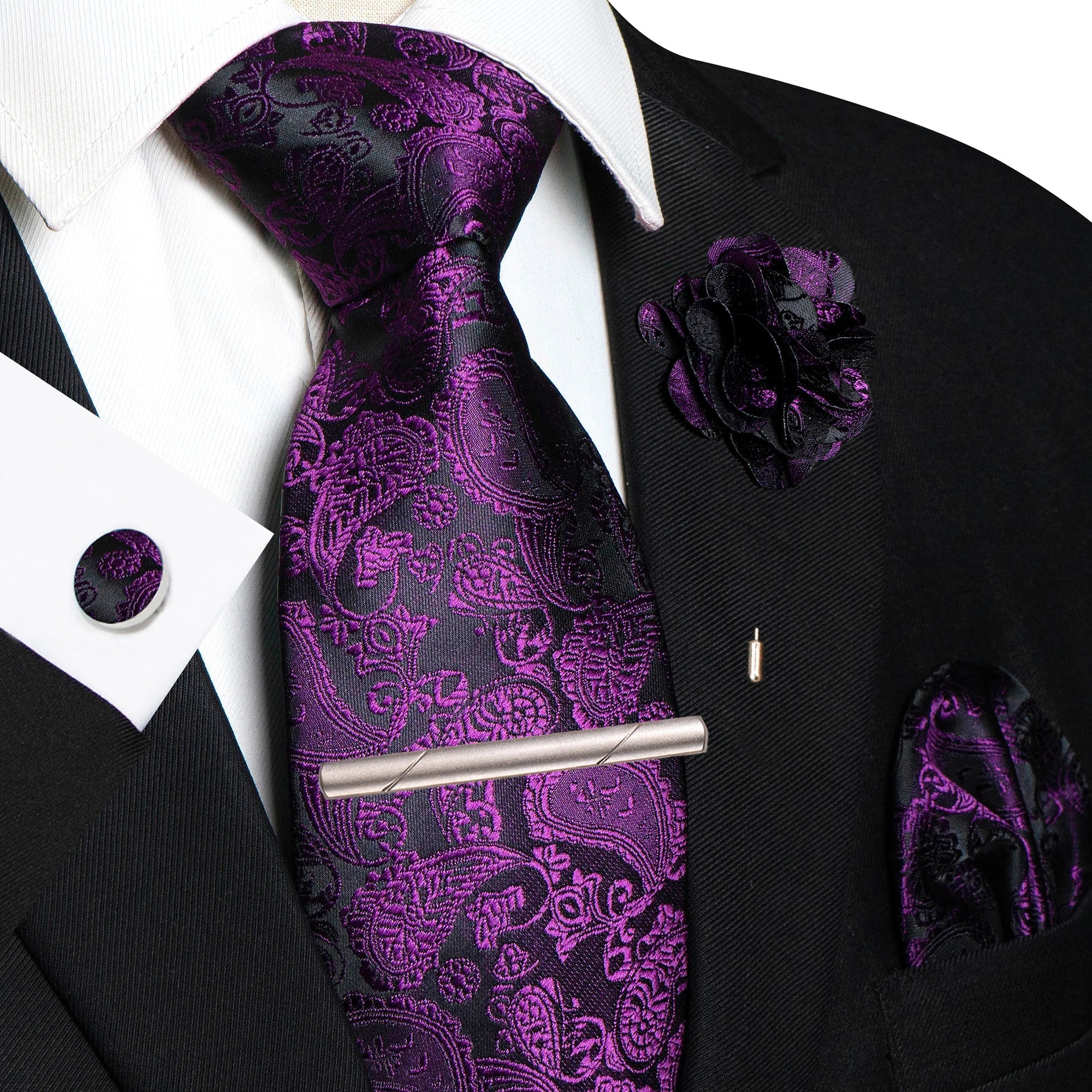 Champagne Floral Paisley Silk Elegant Tie For Men Groom Wedding Men Necktie Pocket Square Cufflink Brooch Tie Clip Accessory - Luzilly Bridal & Apparel