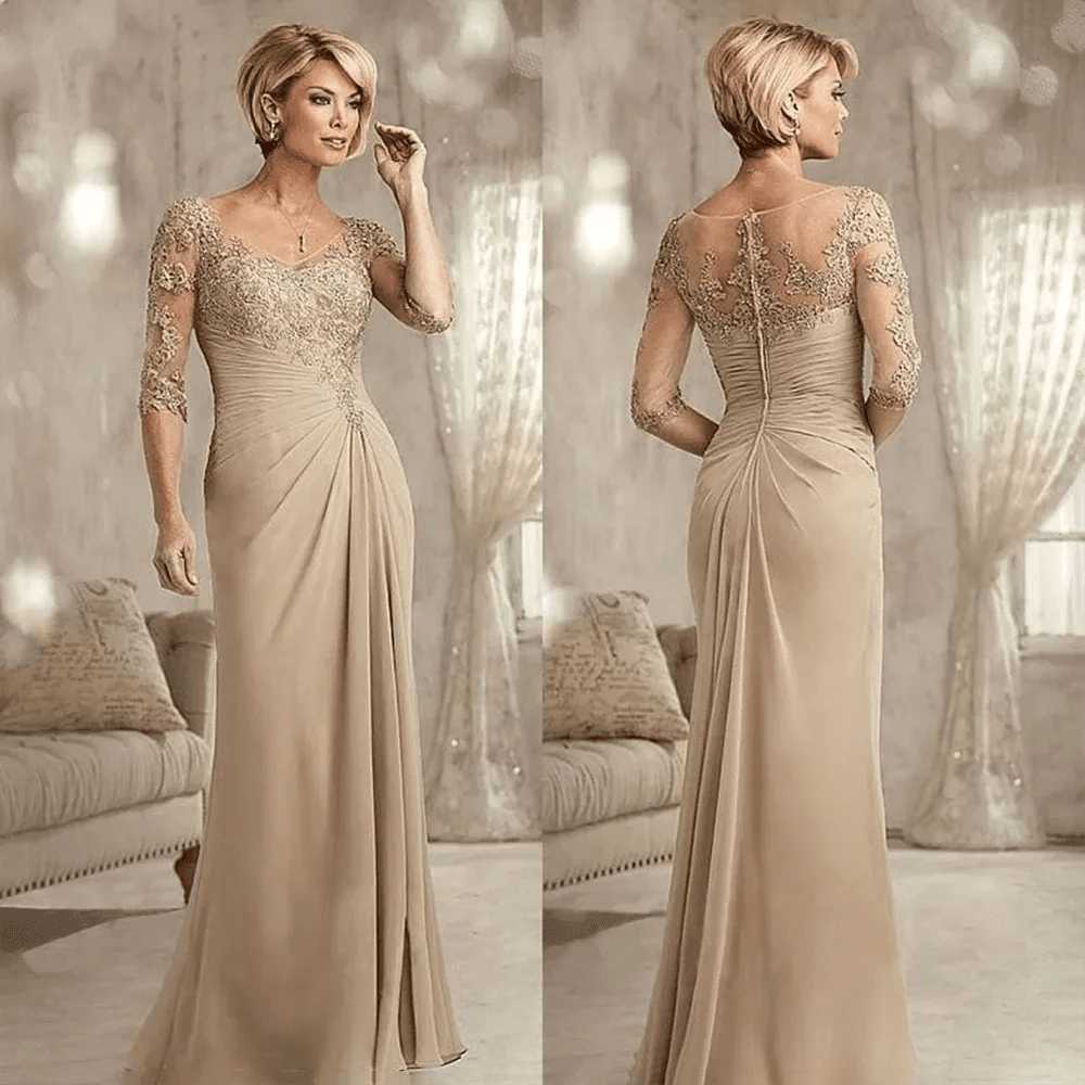 Champagne Lace Chiffon Mermaid Mother of the Bride Dress - Luzilly Bridal & Apparel