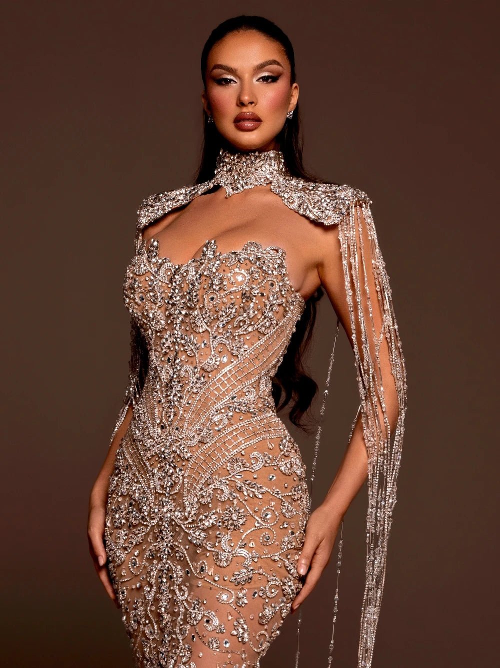 Champagne Lining Beaded Embroidery Mermaid Wedding Dress Shiny Tassel Customized Bride Gown Stunning Crystals Church Wear - Luzilly Bridal & Apparel