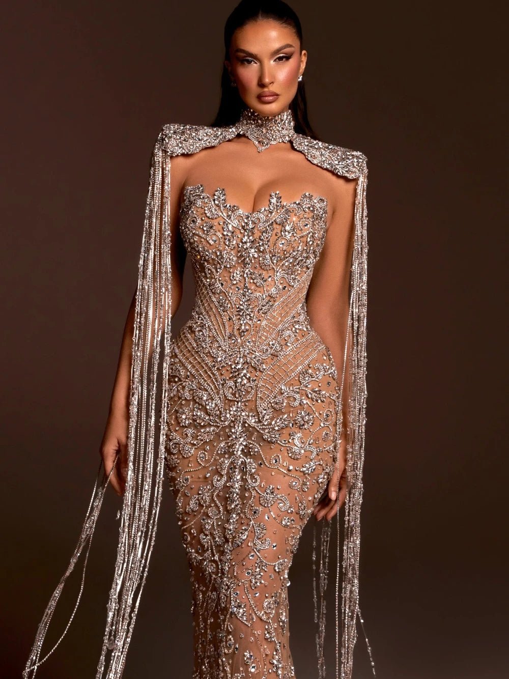 Champagne Lining Beaded Embroidery Mermaid Wedding Dress Shiny Tassel Customized Bride Gown Stunning Crystals Church Wear - Luzilly Bridal & Apparel