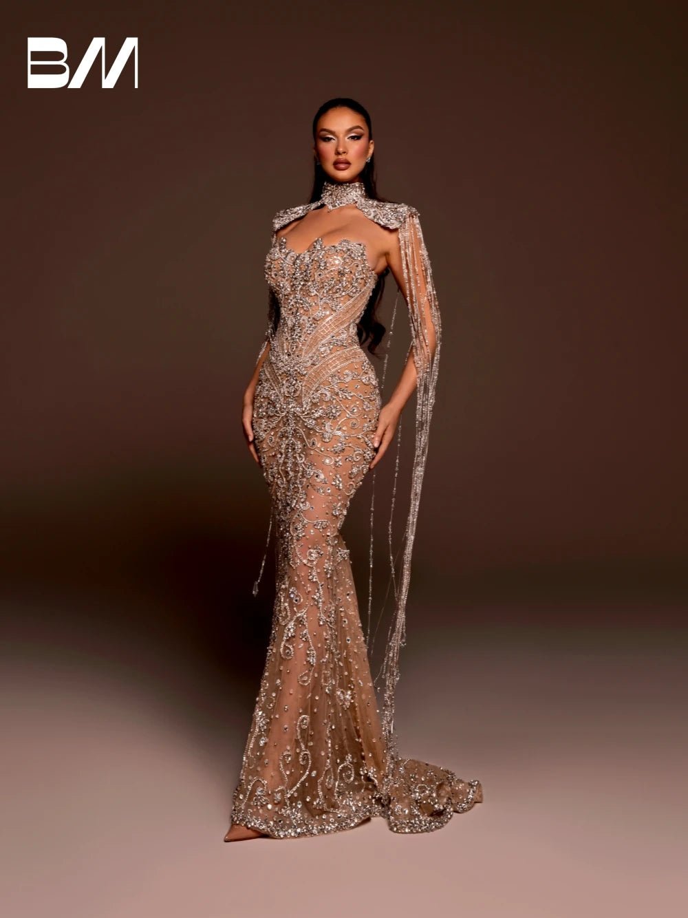 Champagne Lining Beaded Embroidery Mermaid Wedding Dress Shiny Tassel Customized Bride Gown Stunning Crystals Church Wear - Luzilly Bridal & Apparel