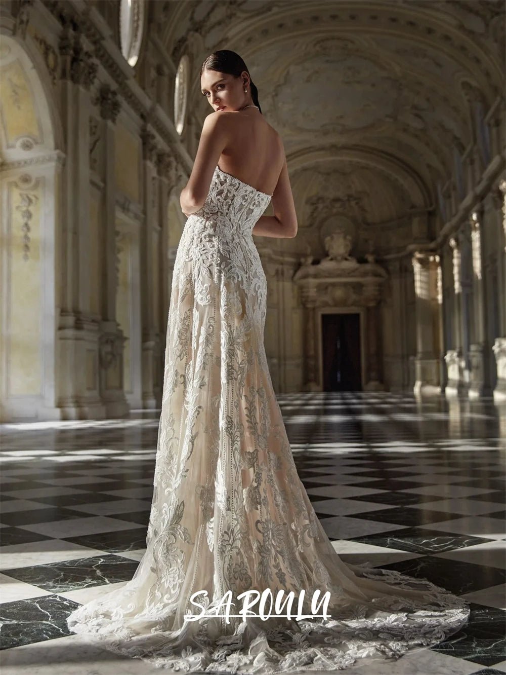 Champagne Lining Bride Dresses for Women Strapless (no sleeves) Lace Bohemian Wedding Dress Court Trail Custom Bridal Wed Gown - Luzilly Bridal & Apparel