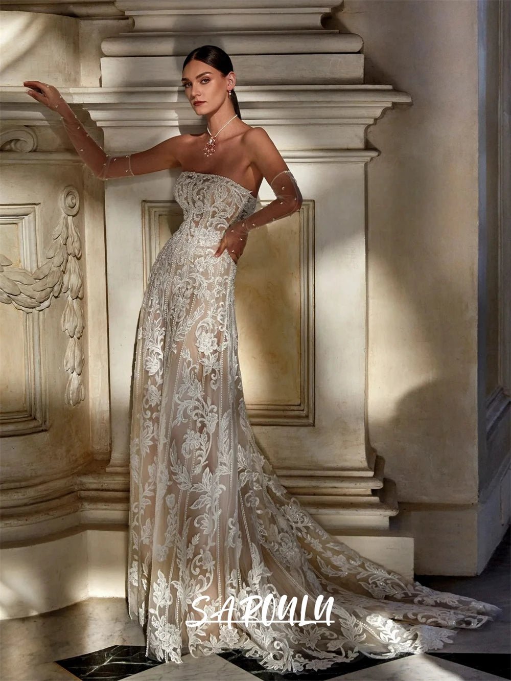 Champagne Lining Bride Dresses for Women Strapless (no sleeves) Lace Bohemian Wedding Dress Court Trail Custom Bridal Wed Gown - Luzilly Bridal & Apparel