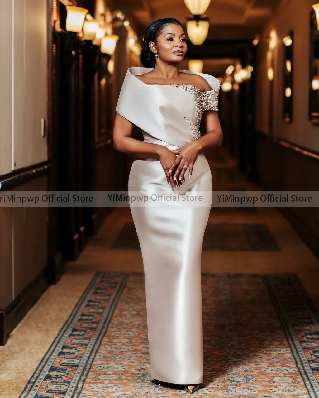 Champagne Off-Shoulder Crystal Satin Mother of the Bride Dress - Luzilly Bridal & Apparel