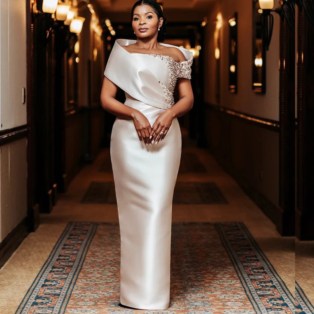 Champagne Off-Shoulder Crystal Satin Mother of the Bride Dress - Luzilly Bridal & Apparel