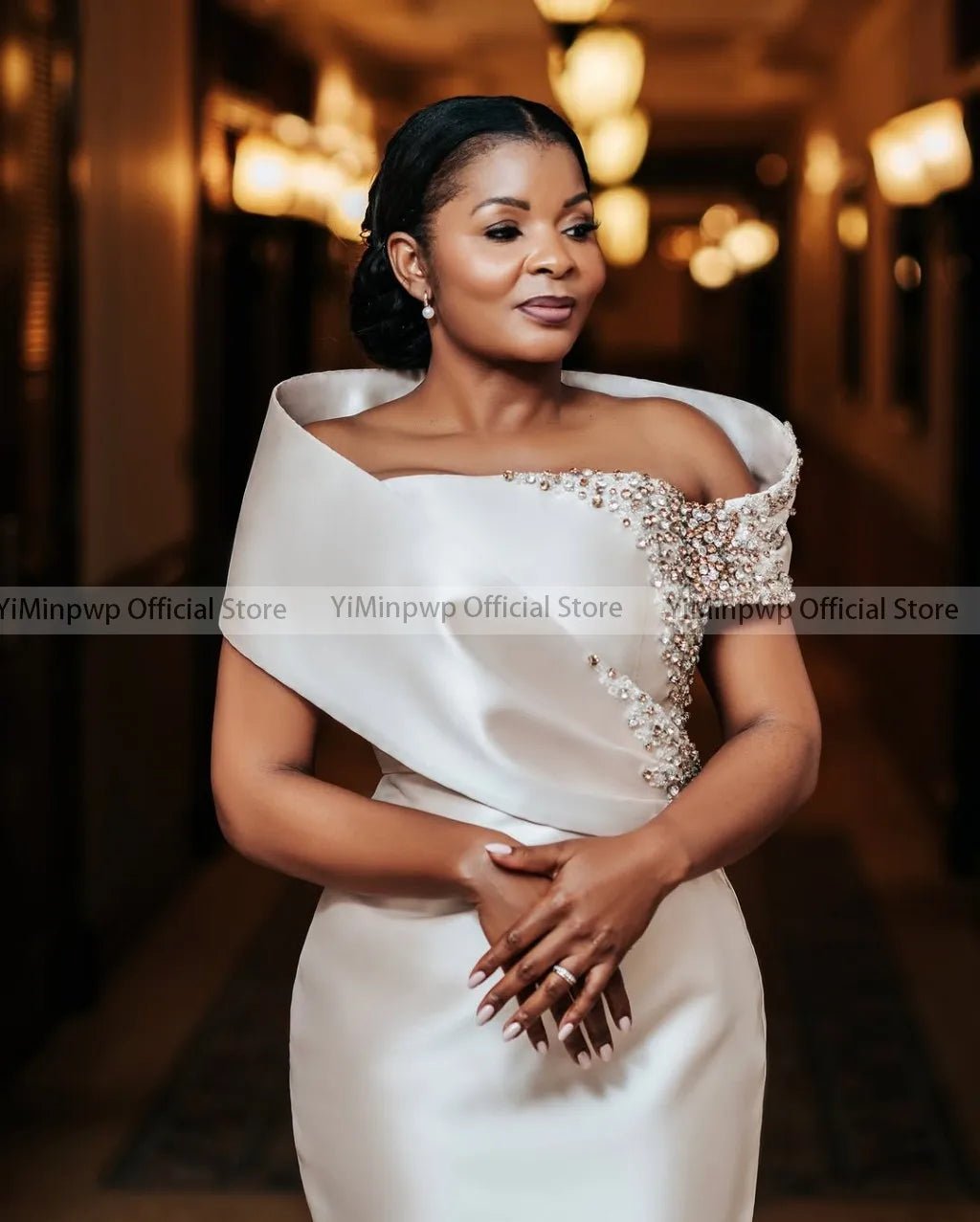 Champagne Off-Shoulder Crystal Satin Mother of the Bride Dress - Luzilly Bridal & Apparel
