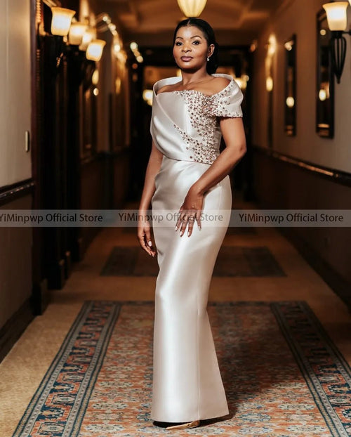 Champagne Off-Shoulder Crystal Satin Mother of the Bride Dress - Luzilly Bridal & Apparel